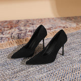 Sexy High Heels Fine Tip Pointy Women's Single Shoes Velvet Black Work Shoes Professional Women's