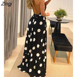 Women's Clothing Spring Summer Polka Dot Print Halter Backless Ruched Maxi Dress Elegant Party Wedding Sleeveless