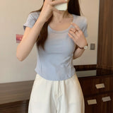 Zingj U Collar Short-Sleeved T-Shirt Women 2023 Summer New Korean Version Slim High Waist Short Style Students Pure Color Jacket
