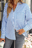 Oversized Basic Cardigan Stripe Shirts Women Blouses Casual Chic Top Spring 2023 Loose Pocket Green Shirts For