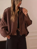 Women's Lint Jacket Retro Brown Zipper Long-Sleeved Clip Loose Autumn Winter