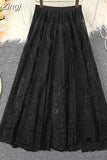 Summer Solid Lace Skirt Women Sweet Mesh High Waist Elegant Office Ladies Korean A-Line Long Skirts