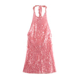 Women's Explosive Pink Beads Sexy Bare Back Hanging Neck Sleeveless