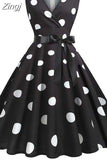 Women 2023 Summer Polka Dot Vintage Dress Sexy Deep V Neck Sleeveless Party Sundress Elegant Casual Belt Beach