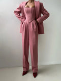 Women's Fashion Solid Color Waist Fish Bone Shoulder Suit Three-Piece Set Of Women Simple Commuting High-Waisted