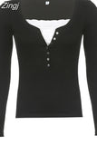 Casual Buttons Lace Patched Long Sleeve Women's Tee Shirt Y2K Vintage Cute Tops Slim Basic Autumn T-shirt Sweat