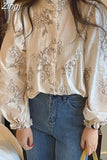 Stand Collar Shirt Vintage Floral Print Blouse Women Tops 2023 New Spring Autumn Korean Chic Puff Sleeve Clothes