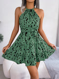 Wind Shooting Spring And Summer Leisure Leopard-Print Lotus Leaf Side Hanging Neck Dress Women's