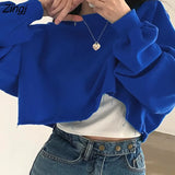 Autumn Short Sweatershirts Leisure Style Solid Color Round Collar Dropped Shoulder Curled Selvedge Hem Long Sleeve