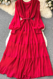 Women Draped Long Dress Vintage V-Neck Lantern Sleeve High Waist A-Line Pleated Maxi Vestidos Purple/Red/Blue Robe
