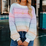 And Winter Hooded Striped Round-Neck Knitted Loose Long-Sleeved Large-Size Rainbow Sweater Women's