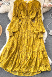Autumn Women Lace Midi Dress Vintage Round Neck Lantern Long Sleeve High Waist A-Line Elegant Party Robe New Fashion
