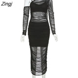 Mesh See Through Women Dress Sexy 3 Piece Set Elegant Fashion Female Clothing Casual Slim Camisole Black Bodycon