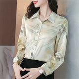 Women's Shirts Fashion Long Sleeve Sweet Printed Clothing Female 2023 Silk Polo Neck Button Up Tops Women Basic Blouse
