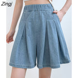 S-5XL 2022 Summer Korean Fashion Blue Mini Denim Pleated Shorts Skirt Women High Waist A Line Short Pants Jeans