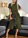 Summer Fashion Short-sleeved Women's Jumpsuit with Waist Button Cropped Trousers Temperament Commuter Office Women's