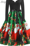 Women Winter Long Sleeve Vintage Christmas Dress Black Red Print V Neck Sexy Xmas Party Dress Robe 3XL Elegant