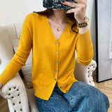 Zingj New Spring And Fall Thin Knit Women's Cardigan Long Sleeve V Neck Short Sweater Small Shawl Coat Jacket-Outfit