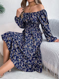 Autumn And Winter Elegant Broken Flower Collar Long Sleeves To Close The Waist Lotus Leaf Side A Dress Women's