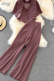 Women Three Pieces Set Elegant V-Neck Short Blouse + Strap Camis + Wide Leg Pants Suit Green/Red/Yellow Spring Fall