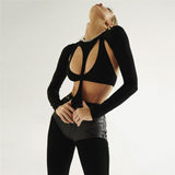 Zingj Spring New Women's Fashion Design Sexy Back Round Collar Long Sleeve Slim T-Shirt Women