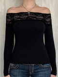Lace Splice Off Shoulder Long Sleeve Tee-Outfit
