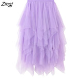 Tulle Skirt Women Elastic High Waist Mesh Midi Skirt Plus Size Elegant Design Pleated Tutu Skirt Female Jupe