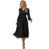 Thin Women's New Long-Sleeved Slim 100-Folded Belt V-Neck Dress