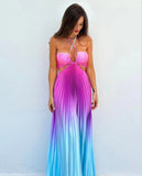 New Summer Gradient Hanging Neck Fold Fashion Dress Ladies Beach Holiday