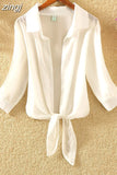 Summer Beach Shirts Sunscreen Chiffon Long Sleeve Cardigan Blouse White Shirt Elegant Women Blouses Bow Blusas