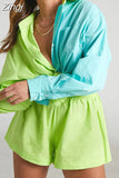 with Shirt Set Casual Green Long Sleeve Top Two-piece Suit Female Oversize Loose Summer Two Piece Set Women