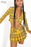 Fashion Women Plaid 2 Piece Set Long Sleeve Jacket Crop Tops Mini Skirt Suit Sexy Ladies Outfits Sets