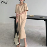 Women Loose Popular Tender Backless Femme Summer Round Neck Minimalist Vestidos Streetwear Mujer Casual Chic Solid