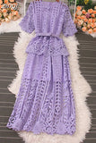 Vintage Women Hollow Out Lace Ruffle Long Dress Elegant Round Neck Short Sleeve High Waist Slim Maxi Party Vestidos