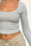 Women Slim Casual Ribbed Short T-Shirts Fall Spring Long Sleeve Round Neck Pullovers Crop Tops Base Tees Shirts