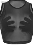 Mesh Patchwork Tank Tops Women Sexy O-Neck Sleeveless Summer Skinny Vest Trend Wild Party Clubwear Slim Tees