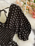 Vintage Women Polka Dot Romper Sexy V-Neck Puff Short Sleeve High Waist Backless Wide Leg Jumpsuits Female New
