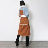 Zingj New Long Denim Splicing Lamb Wool Coat Female Lapel Waist Show Thin Temperament Fashion