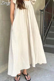 Chic Ruffle Edge Pleated Summer Women Dress 2023 New Ladies Elegant High Waisted Dresses Fashion Woman Cotton Long