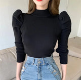 Turtleneck Thick Jumper Knitted Women Sweater Casual Lady Winter Fashion Puff Long Sleeves Elastic Warm Pullovers