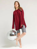 Spring And Autumn New Long-Sleeved T-Shirt Women's Pure Cotton Loose Open Knitted T-Shirt Wine