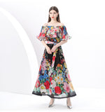 Wind Shoulder Lotus Leaf Side Bright Silk Print Dress Girl Spring Waist Temperament Big Chiffon Long