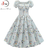 Women Vintage Floral Printed Summer Dress Puff Sleeve Elegant A-line Midi Party Dress Robe Chic Rockabilly Pinup