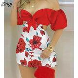 Fashion Holiday Floral Print Off Shoulder Knotted Puff Sleeve Skinny Shorts Skorts Fairy Casual One Piece Women