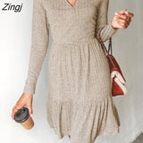 PETAL Ribbed A-Line Mini Dress For Woman Grey Sexy V-neck Long Sleeve Party Dress 2023 Spring Autumn Female