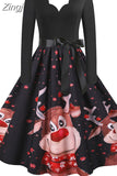 Women Christmas Dress Long Sleeve Vintage Elegant V Neck Print Big Swing Party Xmas New Year Winter Clothes S~3XL