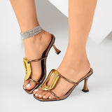 Fine Heel High Heels Women's Summer Metal Buckle Slippers Women Wear Side-Outside