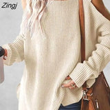 PETAL Open Shoulder Oversized Sweater For Woman Beige Casual Loose Waistcoat 2023 Autumn Winter Pullovers Top
