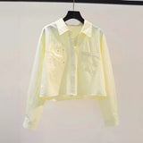 And Autumn Fashion Small Fresh Light Blue Short Shirt Women's Double Pocket Loose Long-Sleeved
