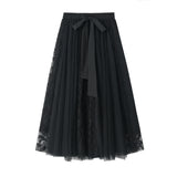 Spring Dress New Bow Tie With High-Waisted Lace Embroidery Splicing Mesh Dress Skirt